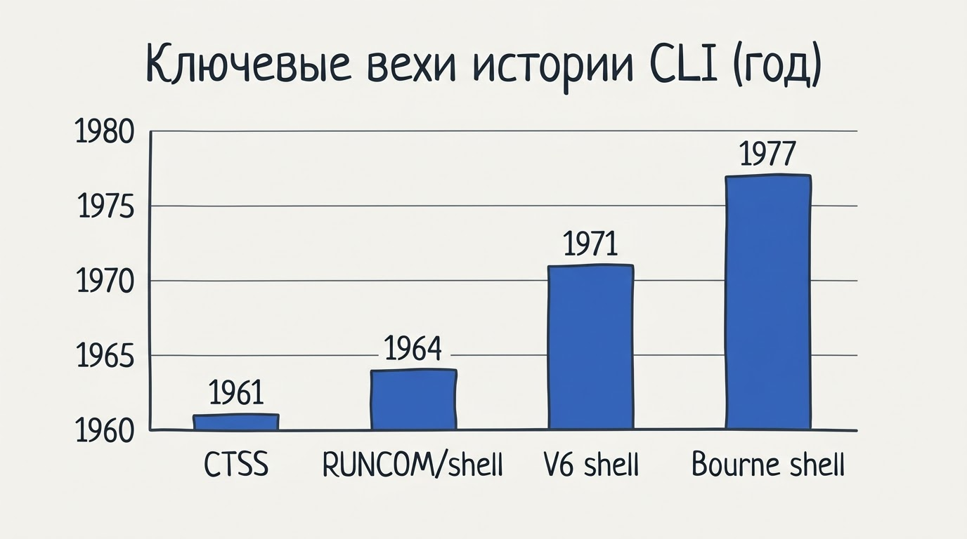 Таймлайн-диаграмма ключевых этапов развития командной строки по годам на экране презентации