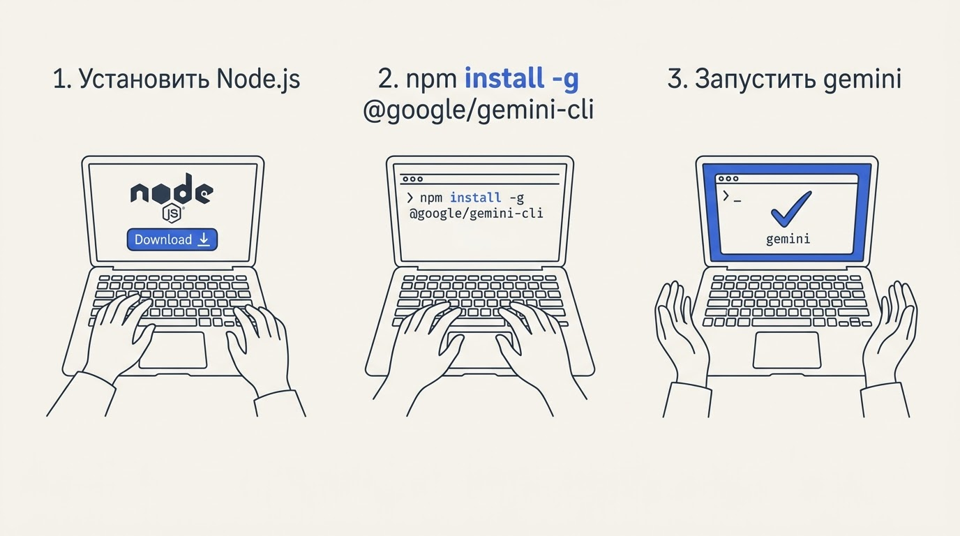 Горизонтальная схема из трёх шагов: логотип Node.js с npm install, команда в терминале, зелёная галочка с приветствием