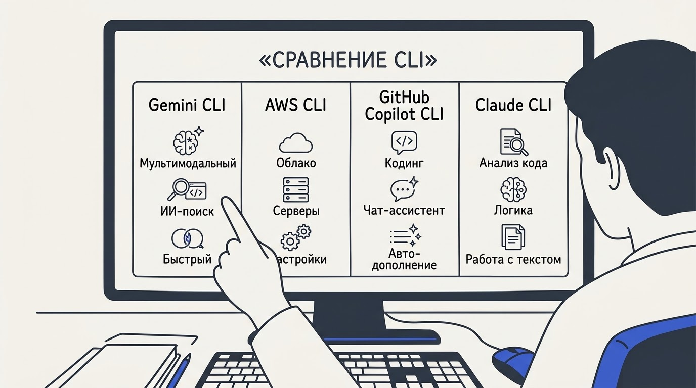 Сравнительная карточка с четырьмя колонками: Gemini CLI, AWS CLI, GitHub Copilot CLI и Claude CLI с характеристиками