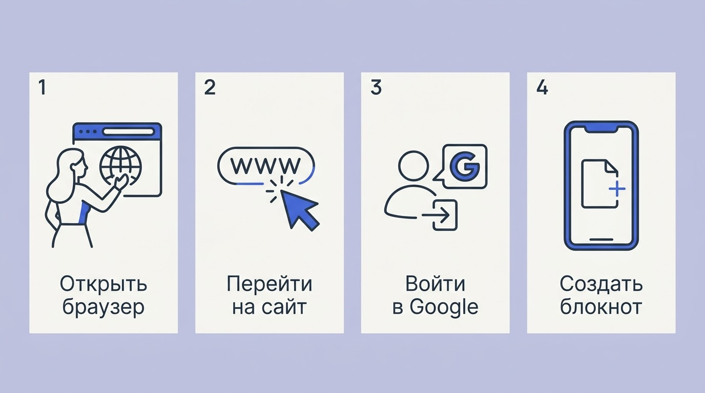 Пошаговая схема: женщина открывает браузер, переходит на сайт Gemini Notebook, входит через Google, те же шаги повторяются на экране смартфона