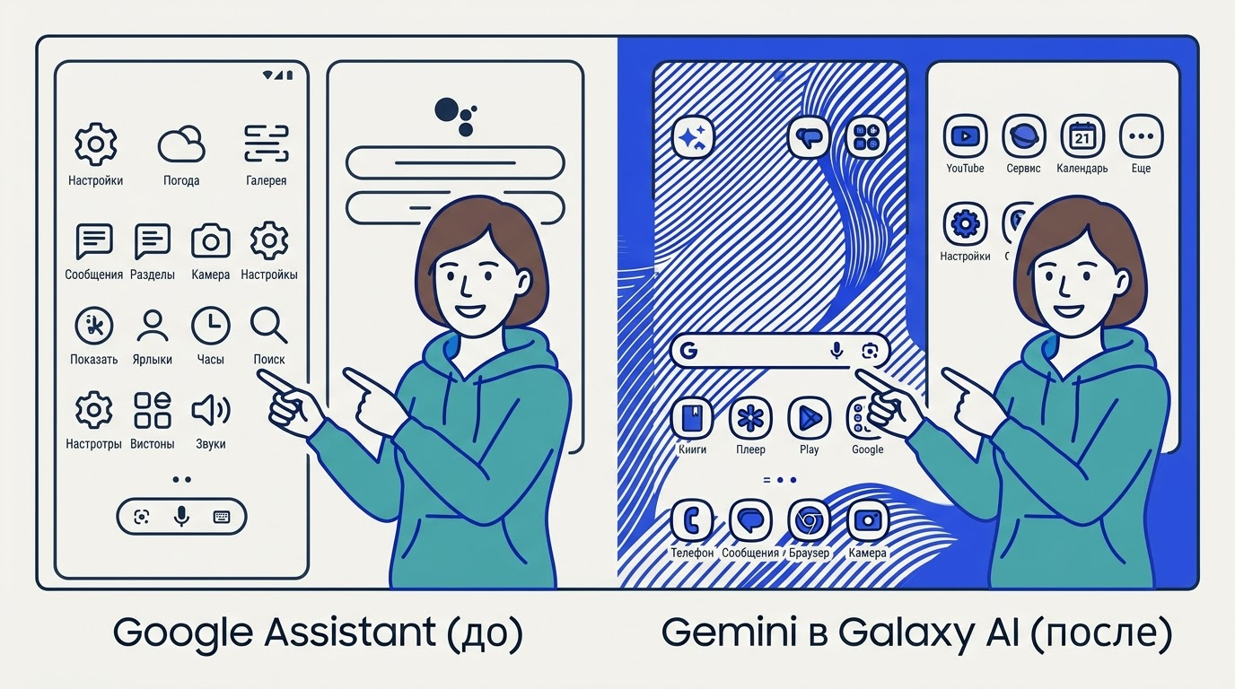 Сравнение старого интерфейса Google Assistant и нового экрана Gemini в One UI на двух смартфонах