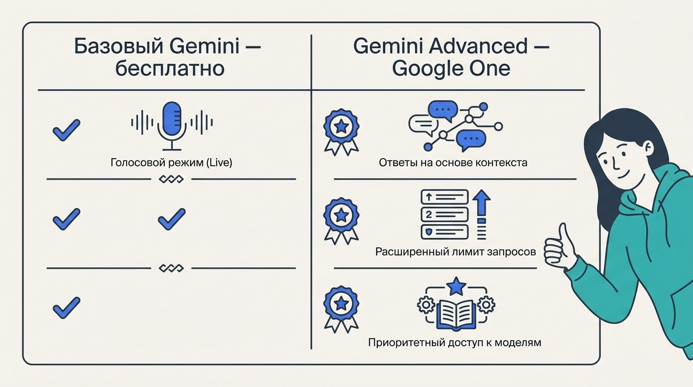 Карточка с двумя колонками: бесплатные функции Gemini с зелёными галочками и платные функции Gemini Advanced со значком Premium