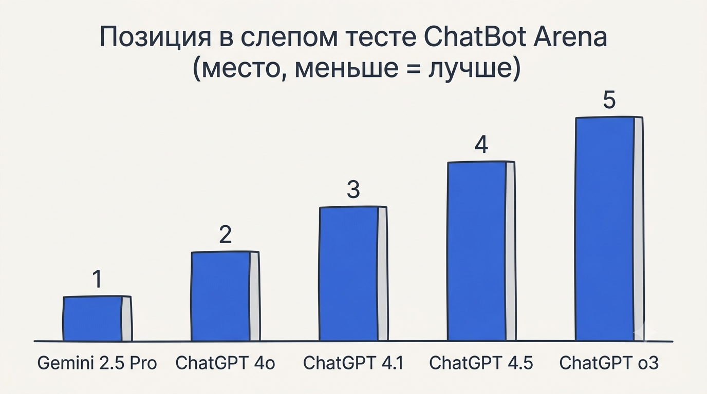 Столбчатая диаграмма сравнения ИИ-ассистентов по рейтингу ChatBot Arena, столбец Gemini 2.5 Pro выше остальных