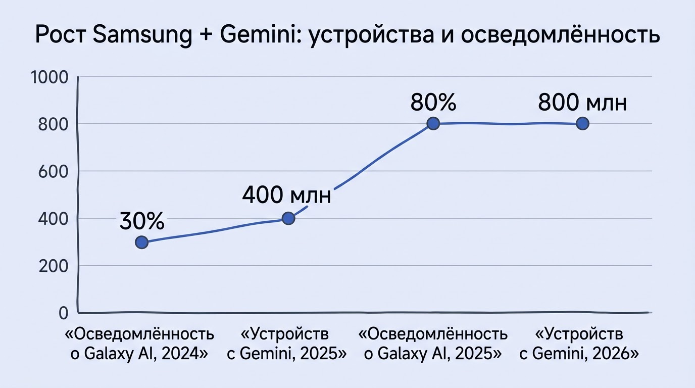 Линейный график роста числа устройств с Gemini и уровня осведомлённости потребителей о Galaxy AI за два года