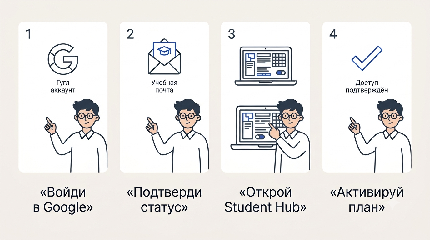 Горизонтальная схема из четырёх шагов: иконка аккаунта Google, иконка учебной почты, экран активации Student Hub на ноутбуке и галочка подтверждения