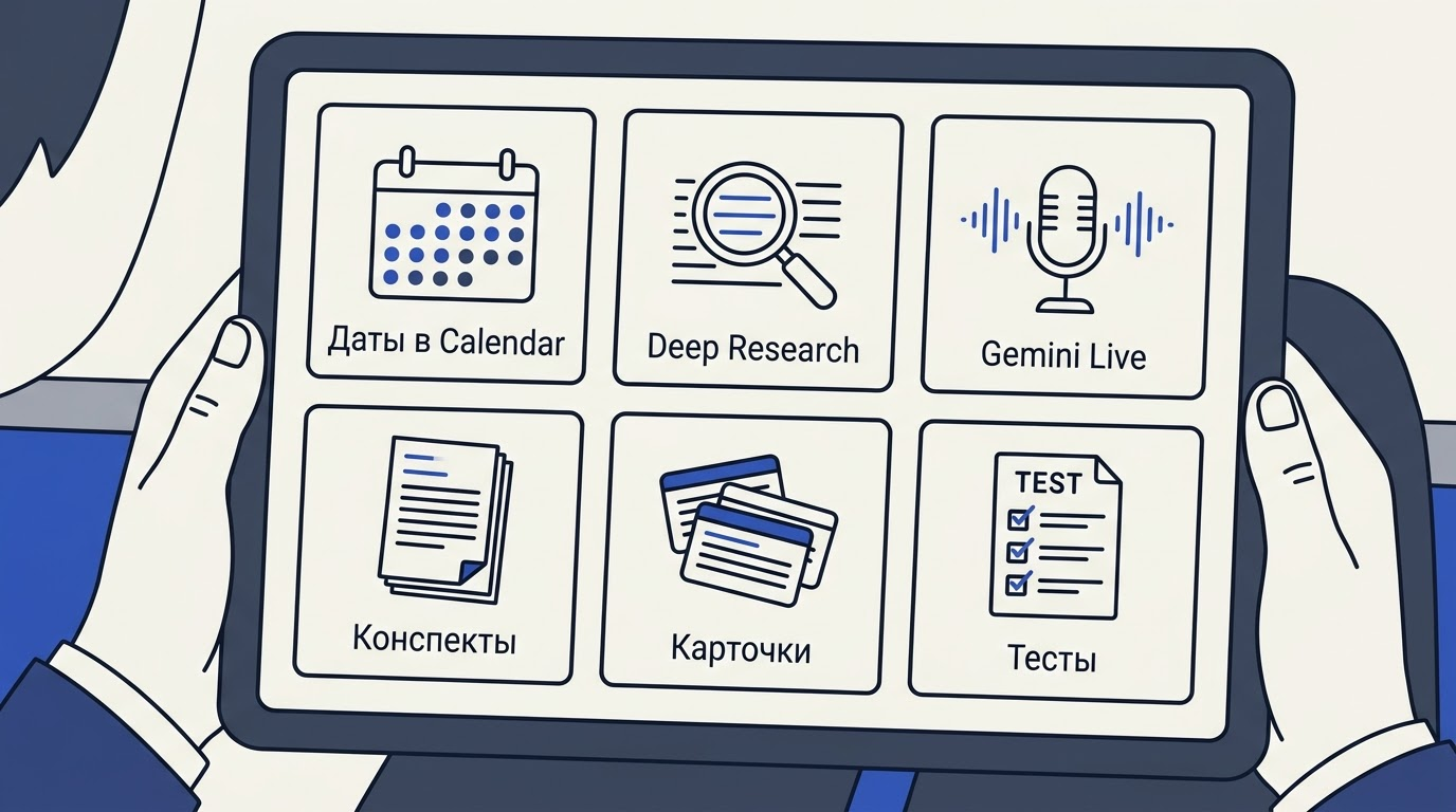 Сетка плиток функций на экране планшета: календарь с автозаполненными датами экзаменов, лупа Deep Research, микрофон Gemini Live и стопка карточек