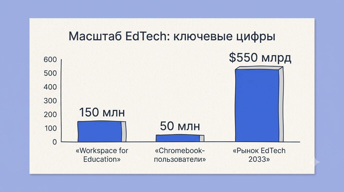 Столбчатая диаграмма на школьной доске с тремя подписанными столбцами: пользователи Workspace for Education, пользователи Chromebook и прогноз рынка