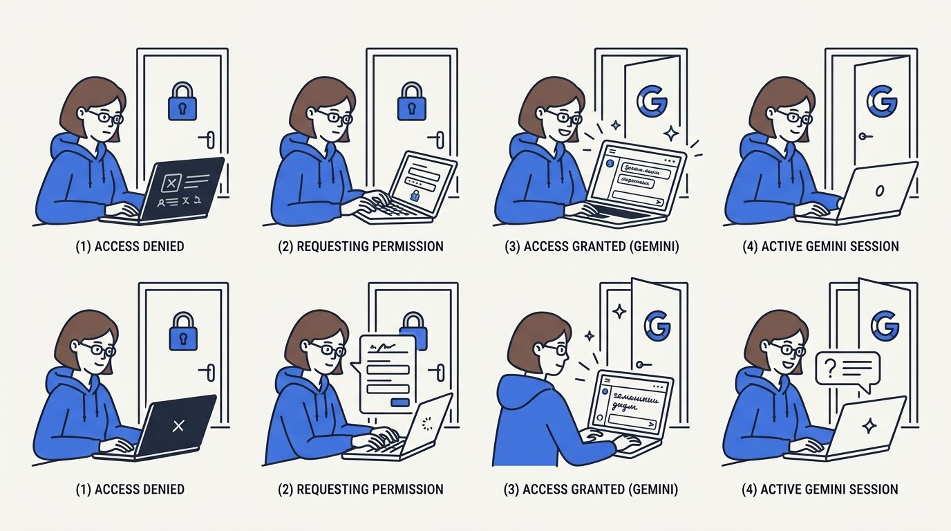 Женщина в синей толстовке за ноутбуком с интерфейсом gemini.google.com на русском; за ней открытая дверь с логотипом Google