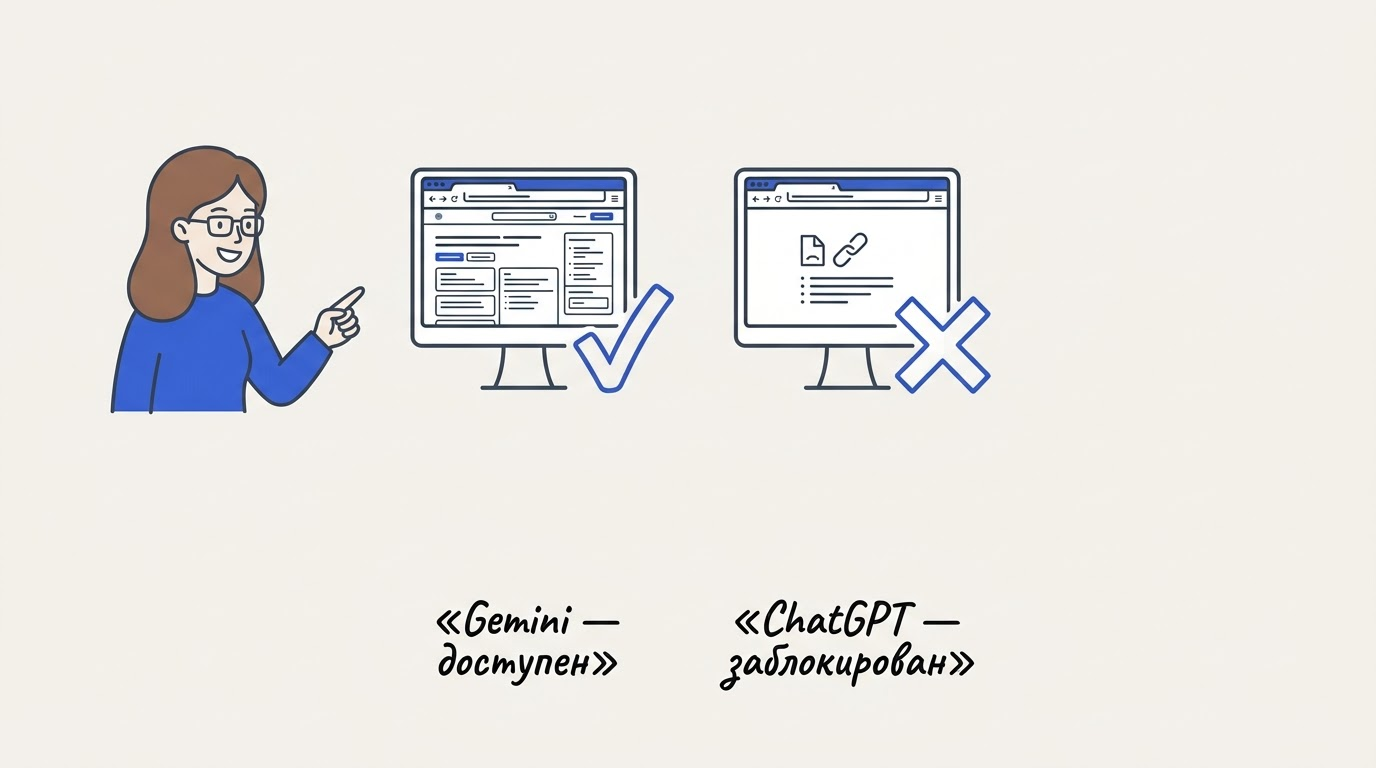 Раздельный экран: слева gemini.google.com с зелёной галочкой и русским интерфейсом, справа сайт ChatGPT с ошибкой и красным крестом