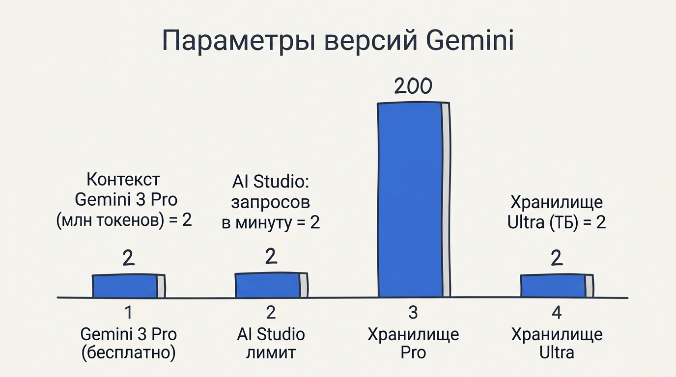 Столбчатая диаграмма сравнения параметров версий Gemini: лимиты запросов, контекст и функции в цветах Google