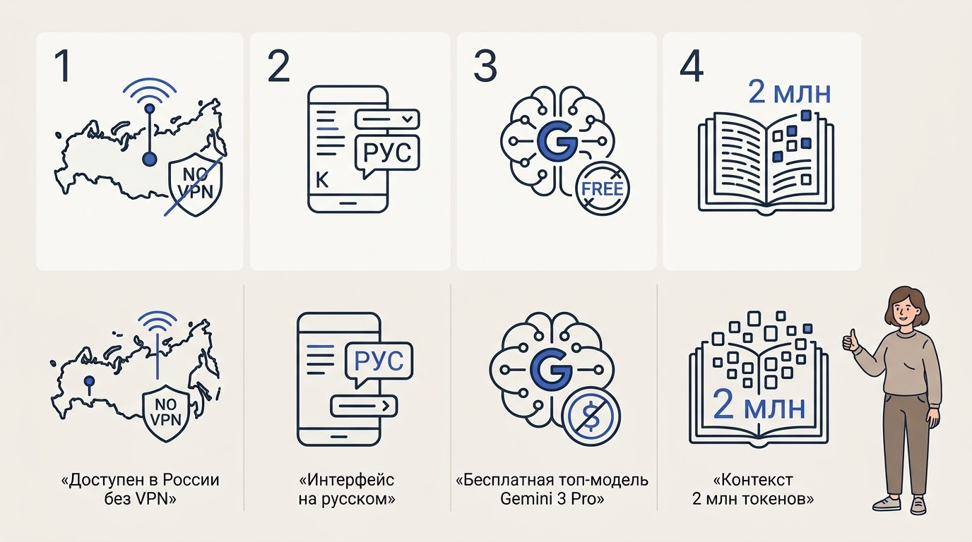 Чеклист с четырьмя пунктами: доступность в России без VPN, русский интерфейс, бесплатная мощная модель, контекст 2 млн токенов
