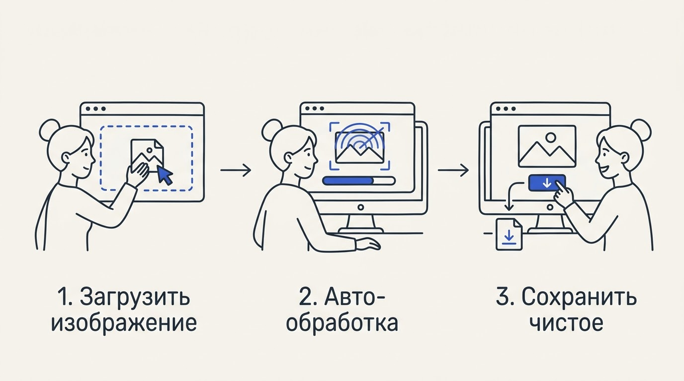 Горизонтальная схема трёх шагов: загрузка файла в браузер, прогресс-бар обработки, нажатие кнопки скачивания
