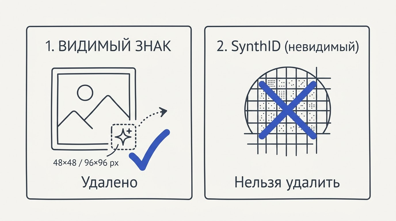Сравнение: слева угол изображения с зачёркнутым полупрозрачным логотипом Gemini 48×48 пкс, справа невидимый паттерн SynthID с красным крестом