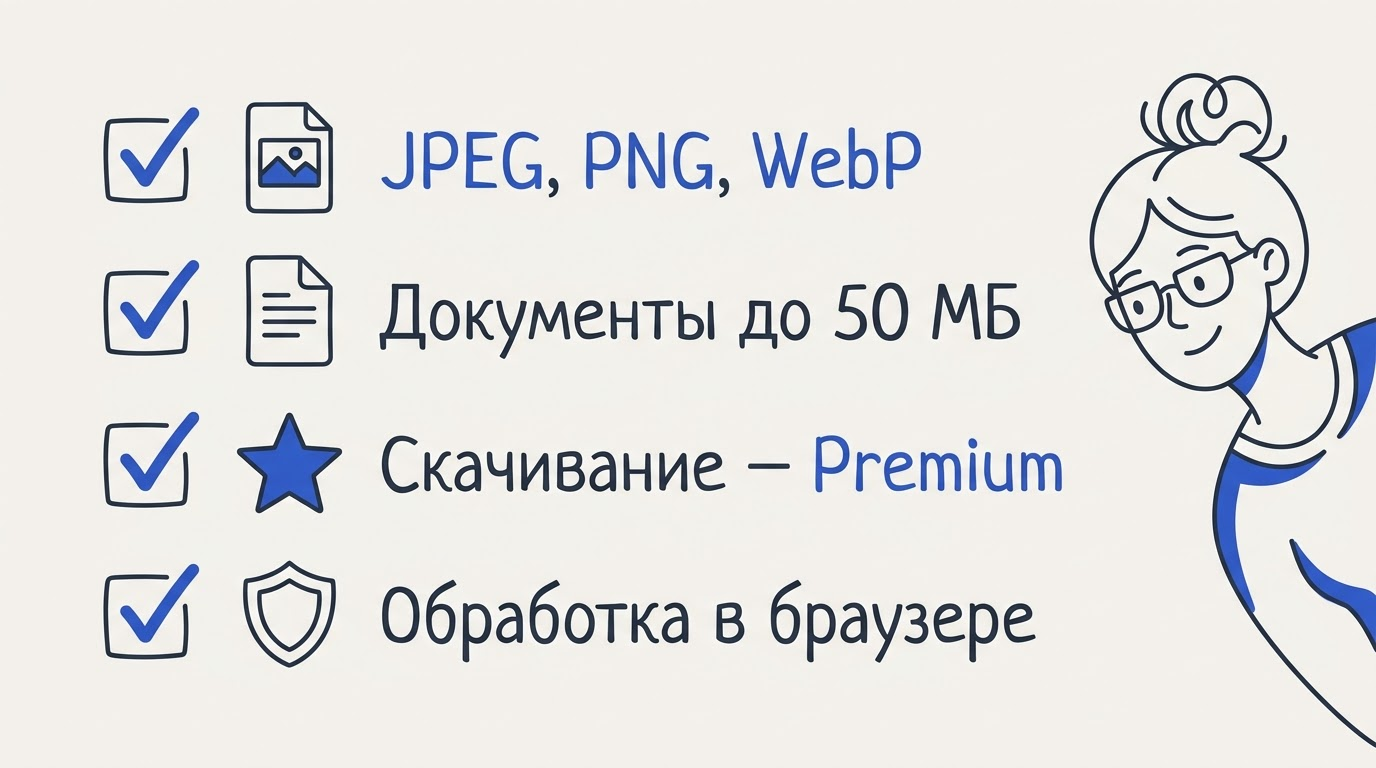 Чеклист из четырёх строк: иконки форматов изображений, документа до 50 МБ, звезда Premium, щит конфиденциальности