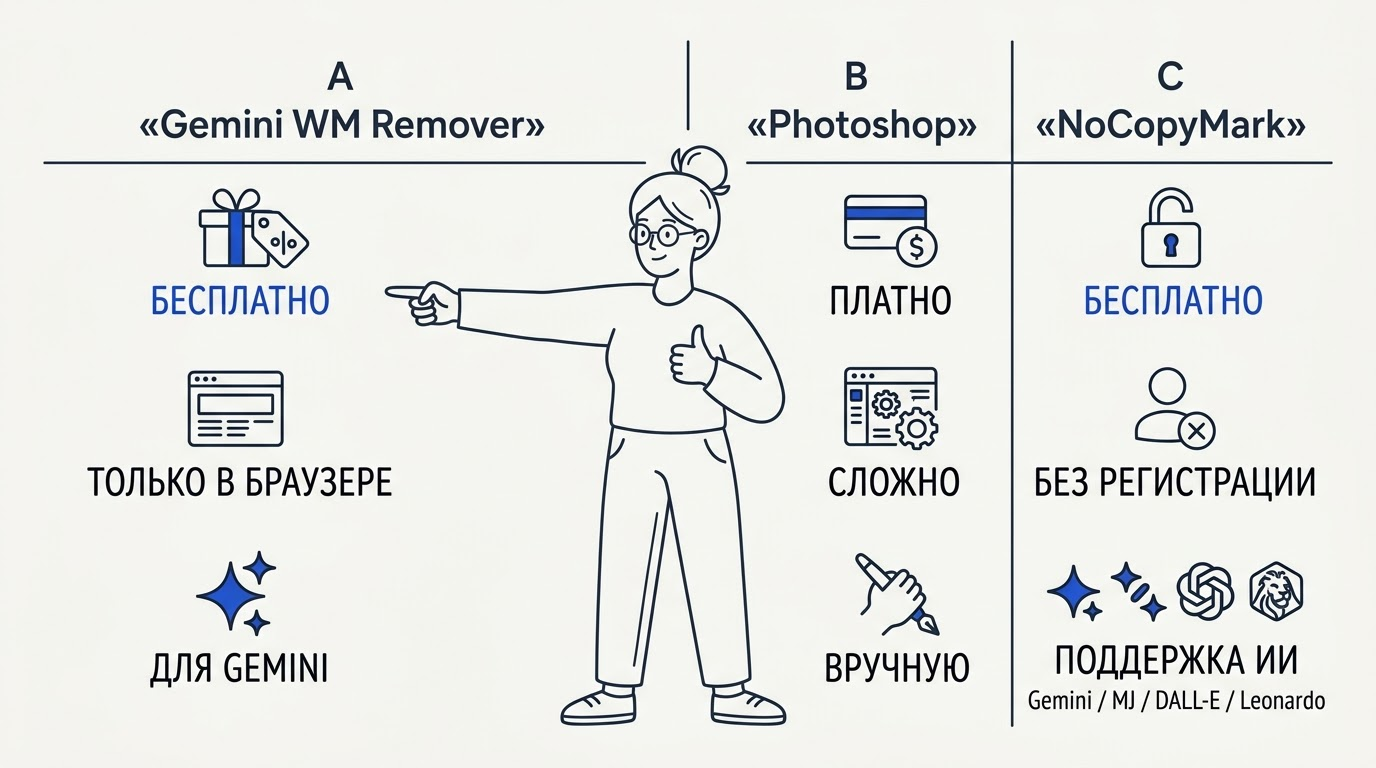 Таблица сравнения трёх столбцов: Gemini WM Remover — бесплатно и браузерно, Photoshop — платно и вручную, NoCopyMark — мультиплатформенно