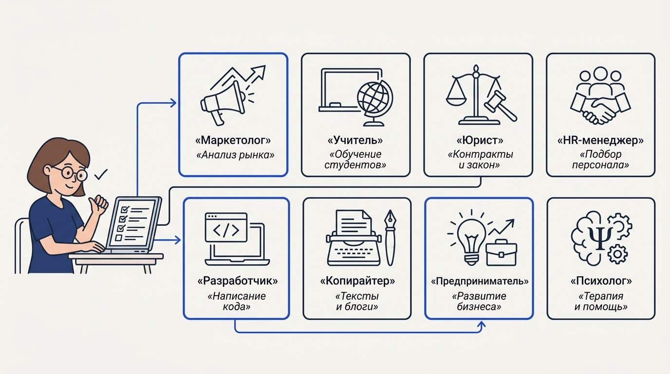 Широкая таблица-чеклист с иконками сценариев использования GPT на экране ноутбука