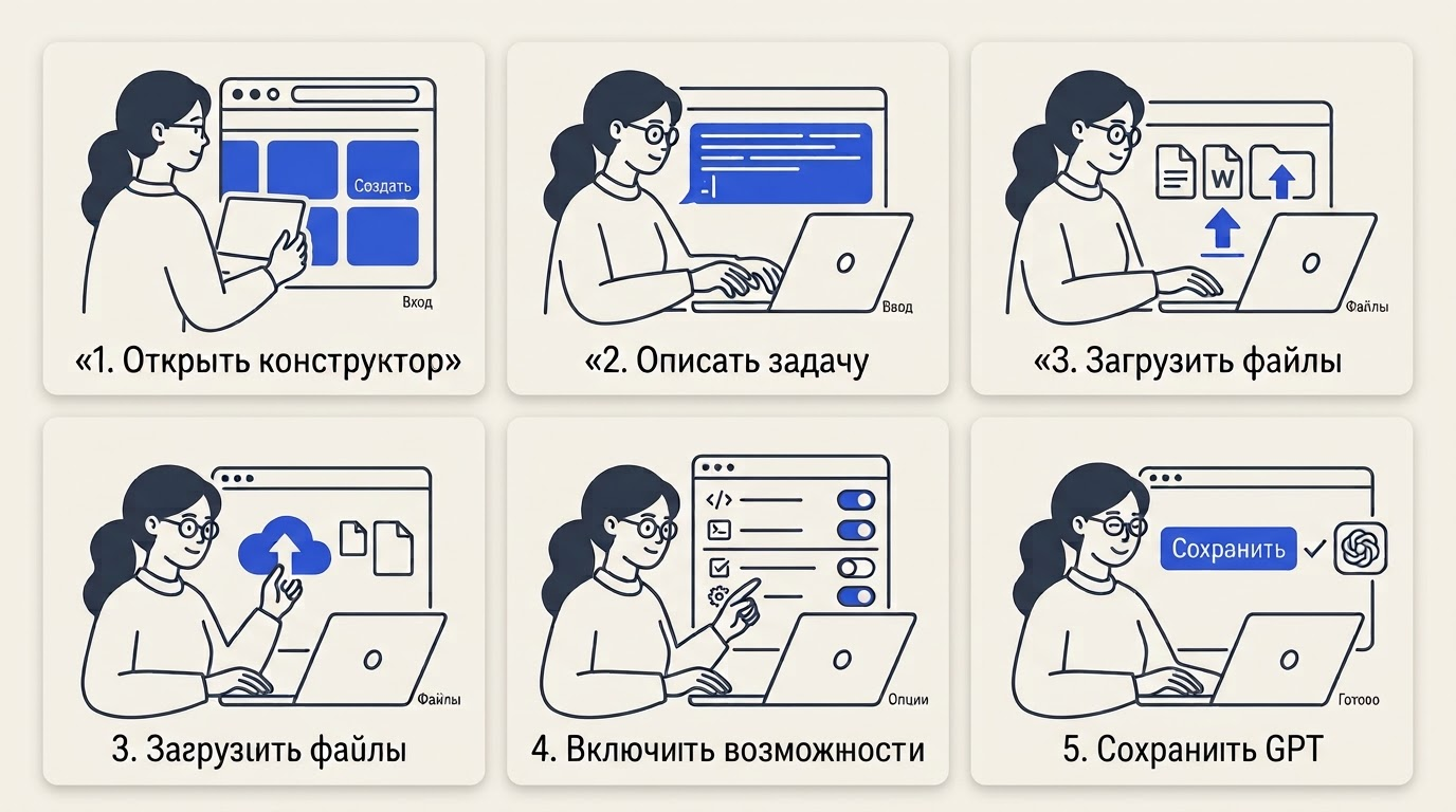 Горизонтальная схема из пяти пронумерованных карточек с интерфейсами шагов создания GPT