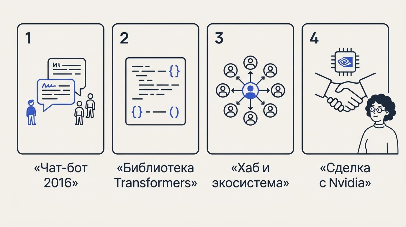 Горизонтальная лента из четырёх иллюстрированных карточек: чат-бот, код библиотеки Transformers, иконка хаба с пользователями, рукопожатие с чипом