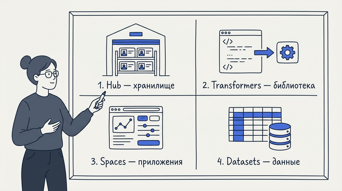 Доска с сеткой 2 на 2: Hub как склад карточек моделей, Transformers как редактор кода, Spaces как превью веб-приложения, Datasets как таблица