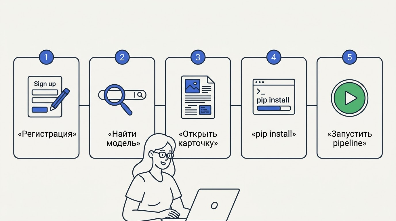 Пять последовательных карточек со значками: форма регистрации, поисковая строка, страница модели, терминал с pip install и зелёная кнопка запуска