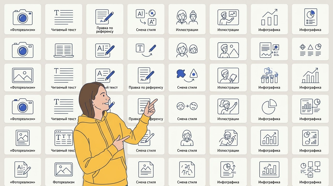 Сетка карточек-возможностей: портрет, постер с текстом, панель до и после, переключатель стиля