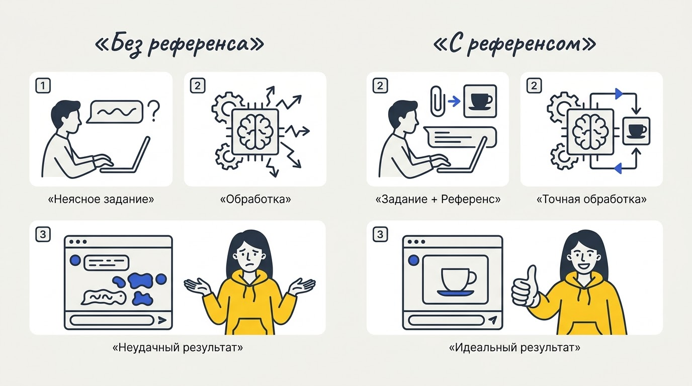 Разделённый экран: слева расплывчатая правка без референса, справа точный результат с загруженным образцом