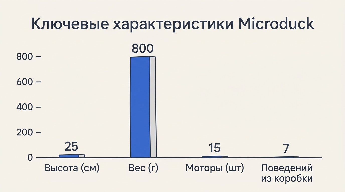 Горизонтальная столбчатая диаграмма ключевых характеристик Microduck на экране ноутбука, персонаж указывает стилусом на экран