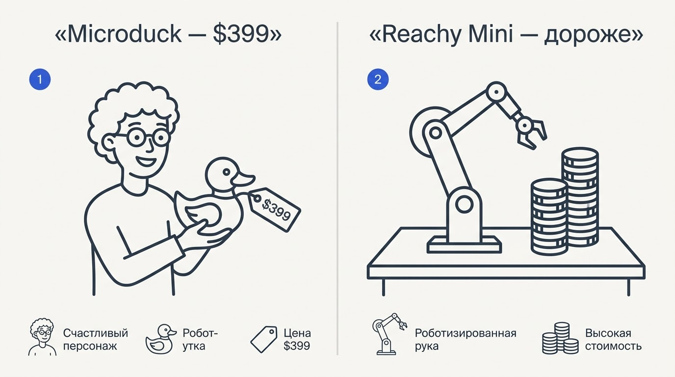 Разделённый экран: слева персонаж с роботом-уткой и ценником $399, справа более крупный гуманоидный робот с намёком на высокую цену