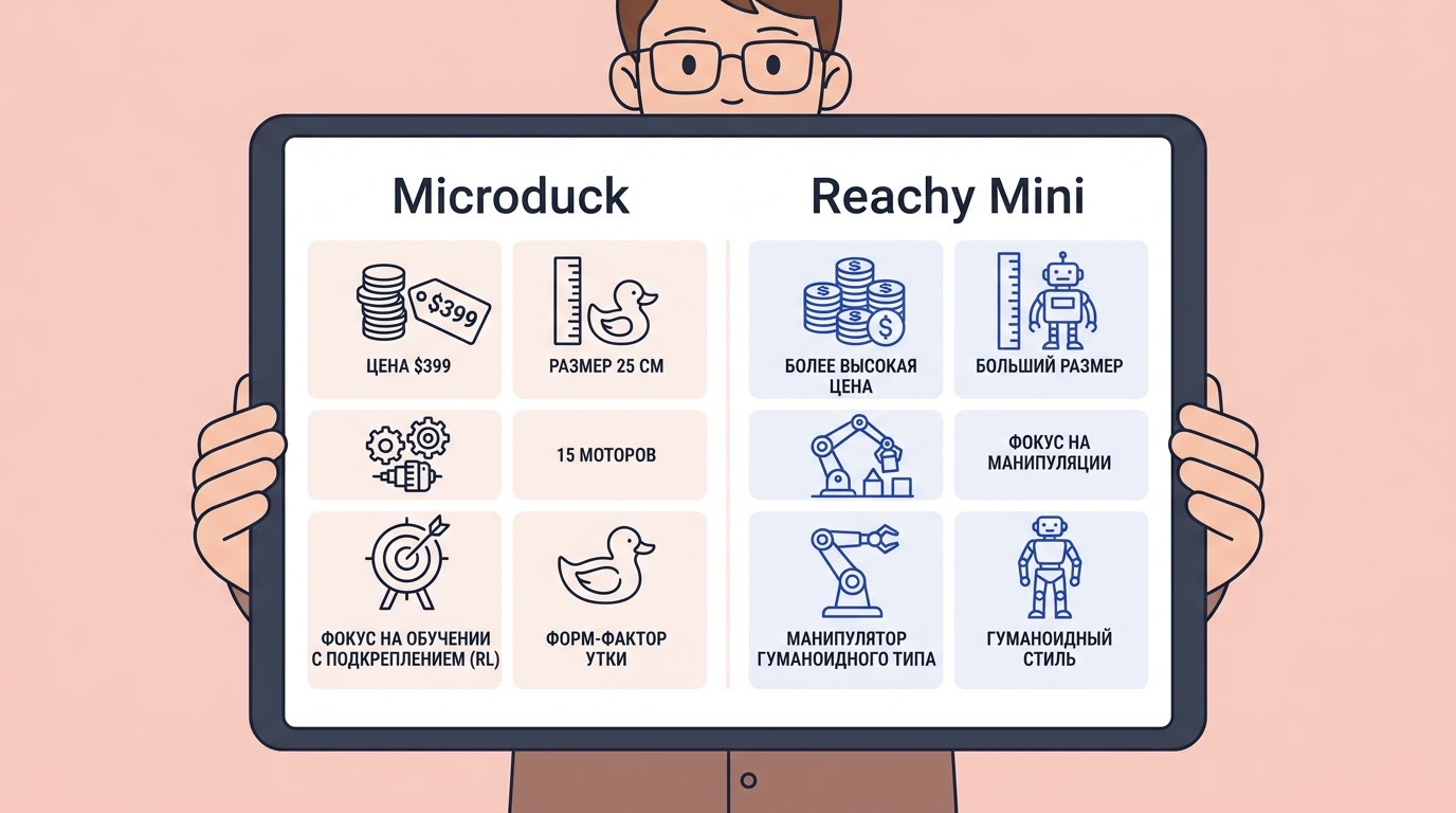 Инфографика на планшете: два столбца с характеристиками Microduck и Reachy Mini, жёлтый и синий цвет для наглядного сравнения