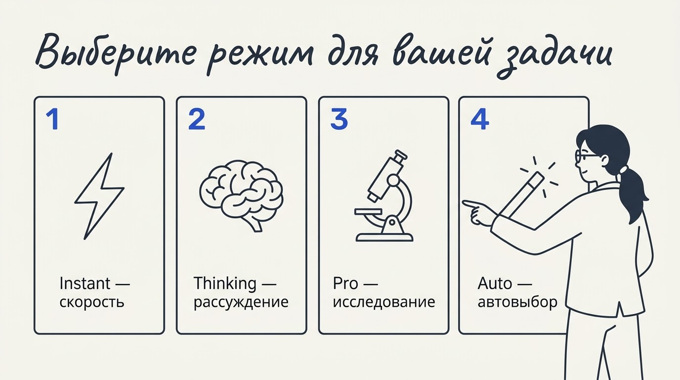 Четыре карточки режимов ChatGPT рядом: Instant с молнией, Thinking с мозгом, Pro с микроскопом, Auto с волшебной палочкой — женщина указывает