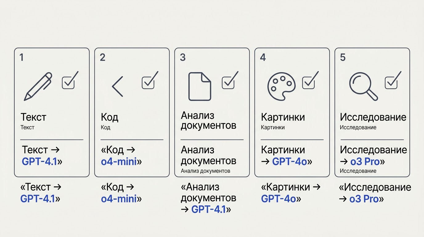 Сетка карточек задач с иконками: перо, скобки кода, документ, палитра, лупа — у каждой подписана рекомендованная модель, женщина отмечает нужную