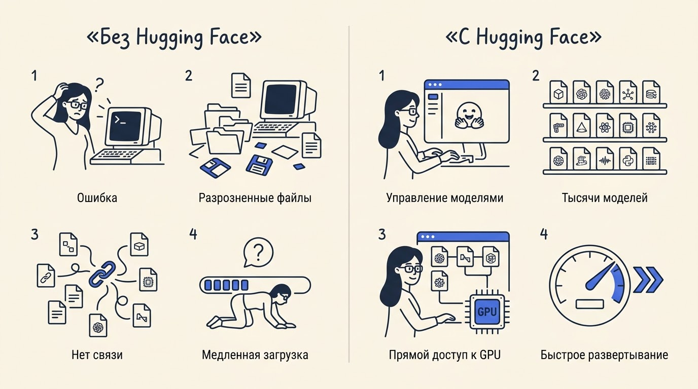 Разделённый экран: слева женщина разбирается с разрозненными файлами моделей без единого хаба, справа легко работает в едином интерфейсе с тысячами