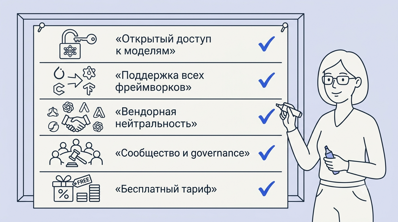Чеклист на карточке с зелёными галочками напротив обязательств: открытый доступ, мультифреймворк, нейтральность по вендорам, бесплатный тариф