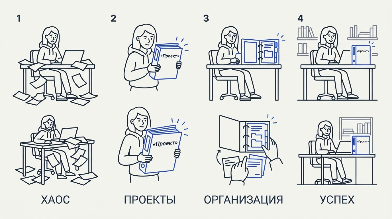 Женщина в худи открывает светящийся органайзер с вкладками чатов, файлов и инструкций; вокруг разбросаны отдельные листы бумаги