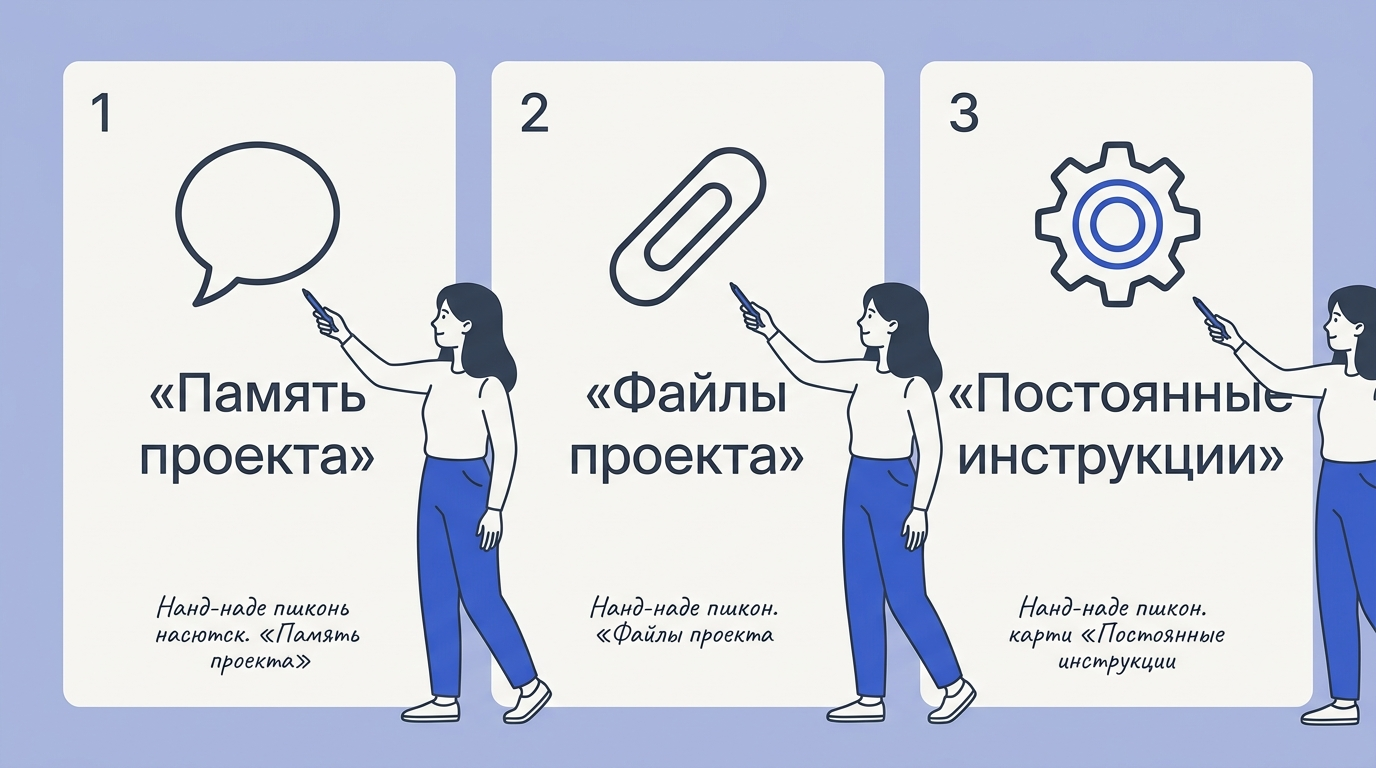 Трёхколоночная схема с иконками: пузырь диалога для памяти, скрепка для файлов, шестерёнка для инструкций; женщина указывает на колонки ручкой