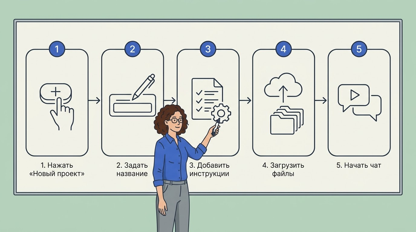Горизонтальная схема из пяти пронумерованных прямоугольников со стрелками на белой доске; женщина указывает на шаги маркером