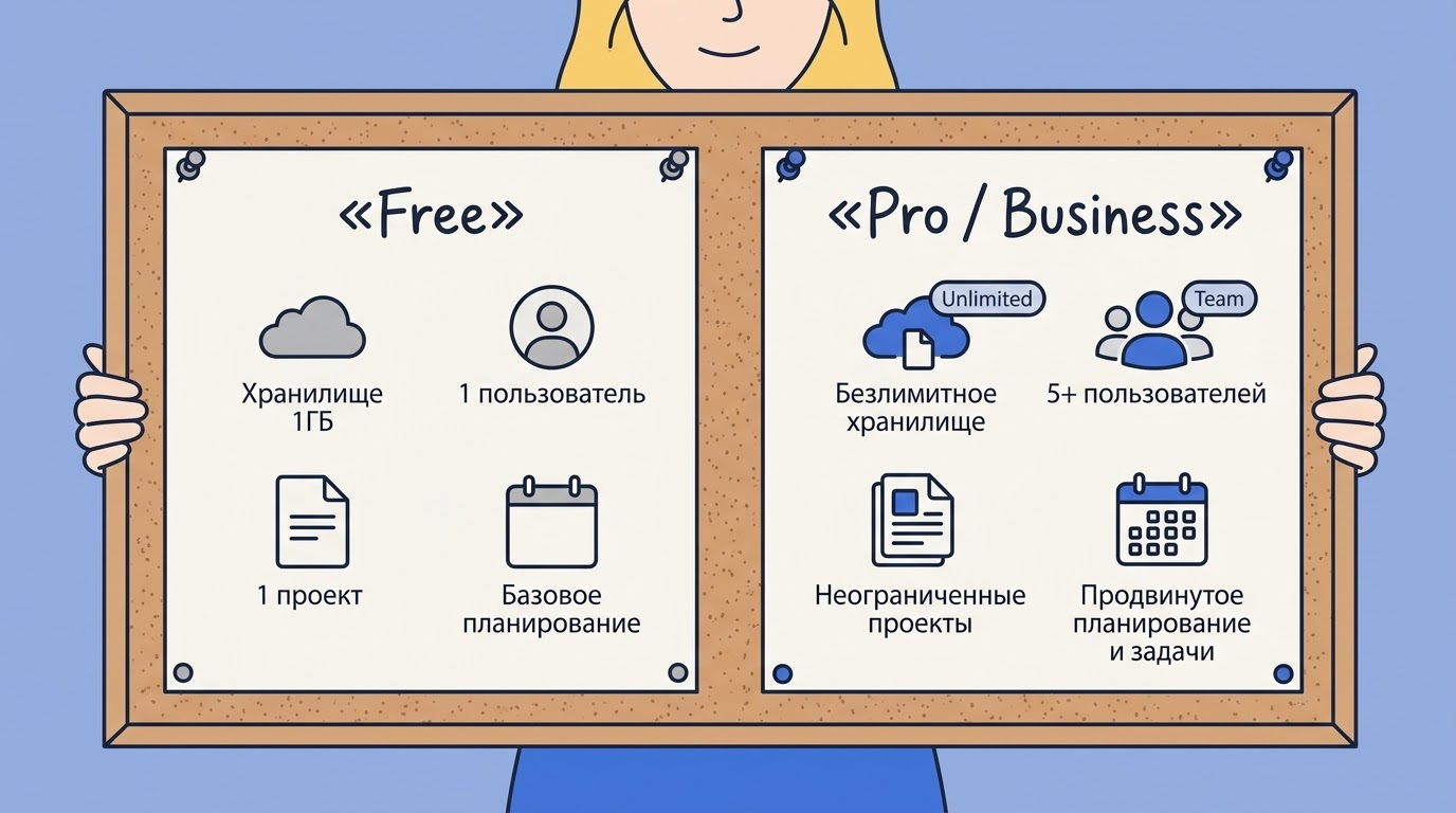 Два карточных блока на пробковой доске: серый блок Free с ограниченными иконками и цветной блок Pro/Business со всеми активными значками и бейджами