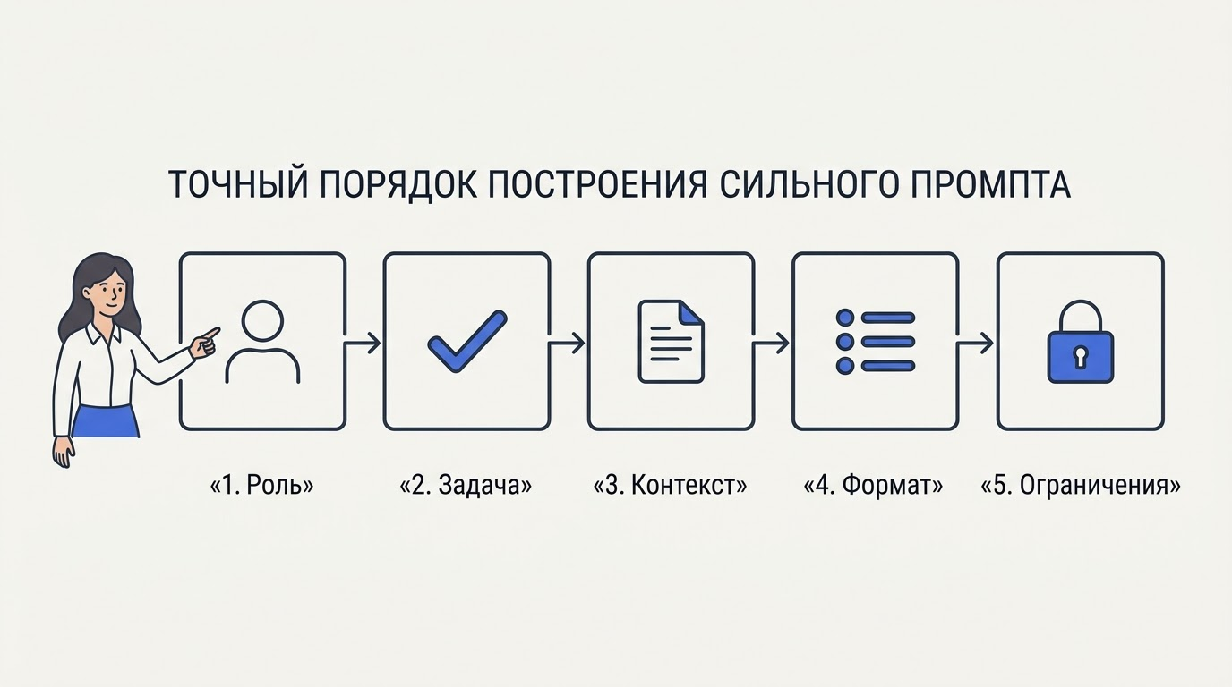 Пять прямоугольников с иконками и подписями Роль, Задача, Контекст, Формат, Ограничения, соединённые стрелками слева направо