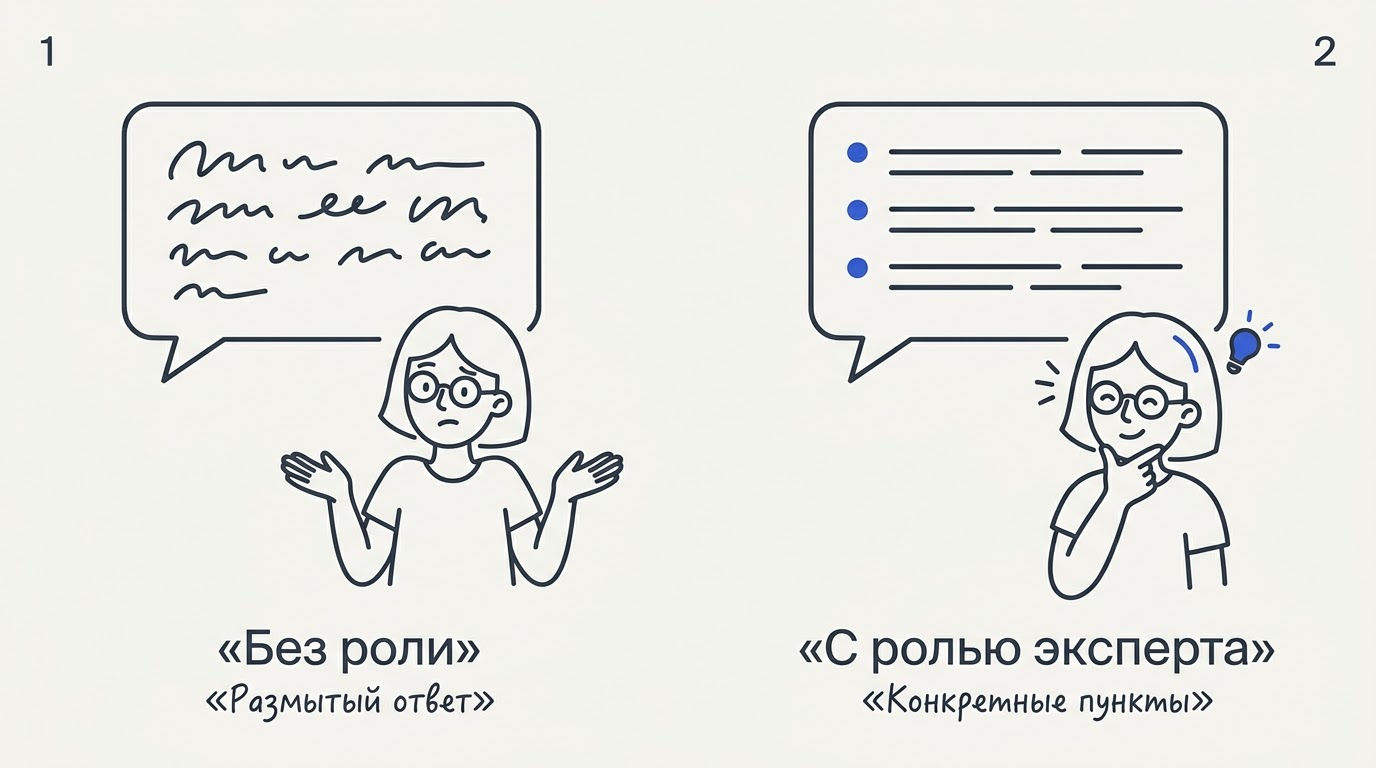 Экран разделён на две части: слева расплывчатый ответ без роли и растерянный читатель, справа структурированный ответ с ролью и довольный читатель