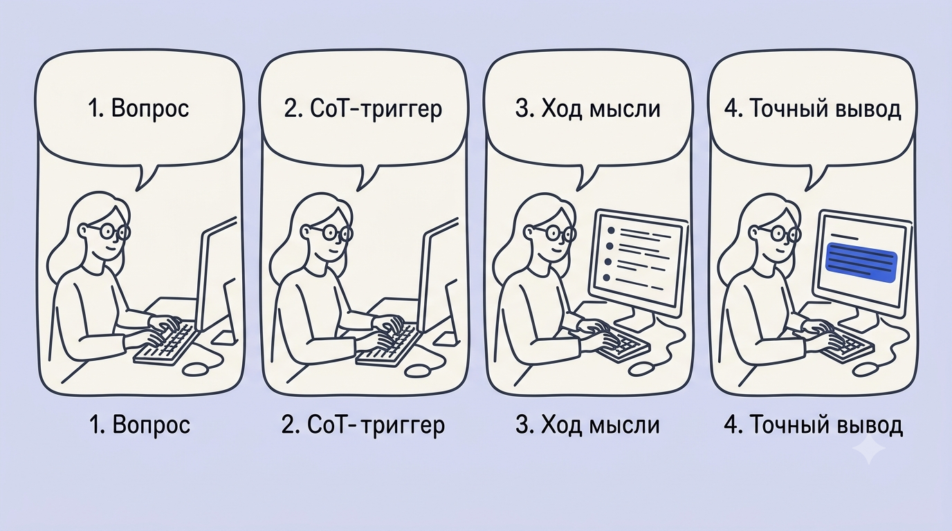 Четыре панели с мыслительными пузырями: вопрос, добавление фразы думай шаг за шагом, пронумерованные рассуждения на экране, выделенный финальный вывод