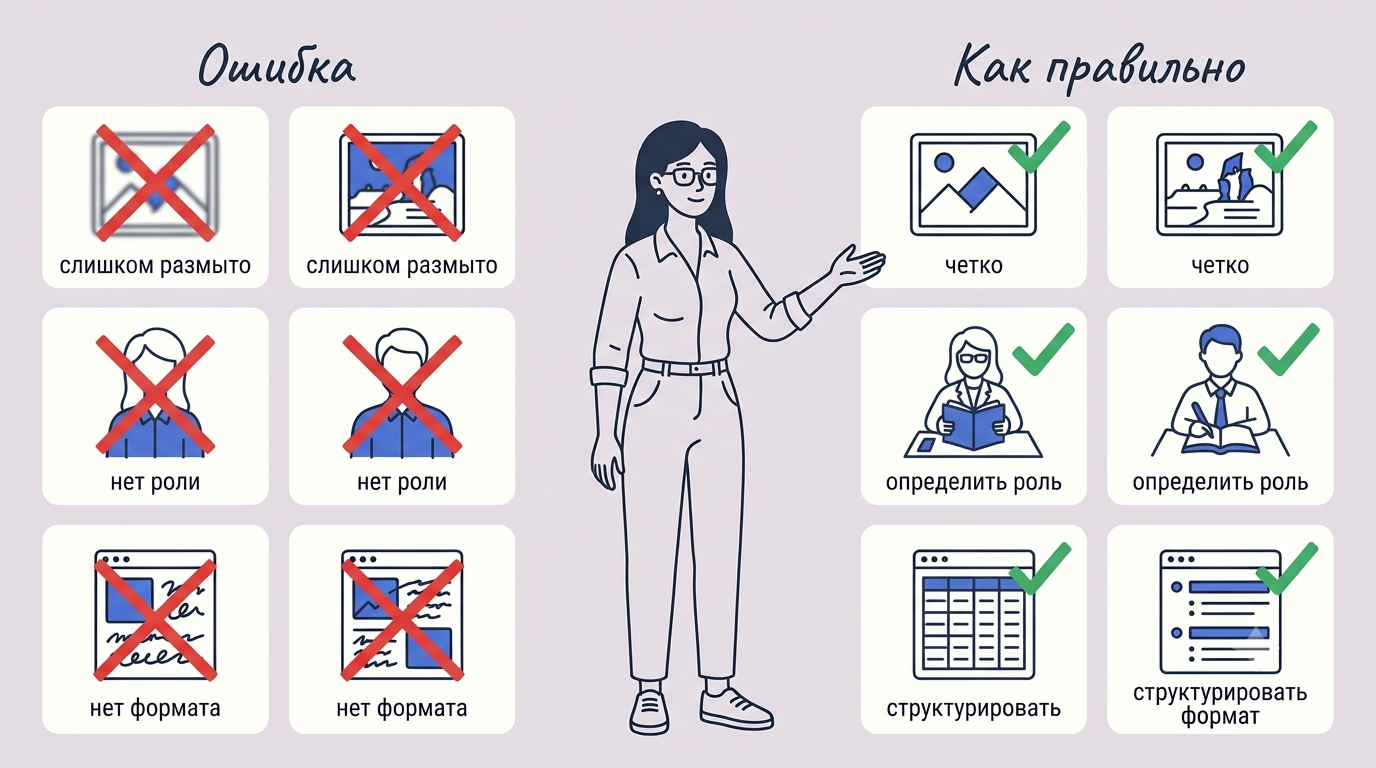 Экран разделён на два столбца: слева три слабых промпта с красными крестами, справа исправленные версии с зелёными галочками, женщина указывает