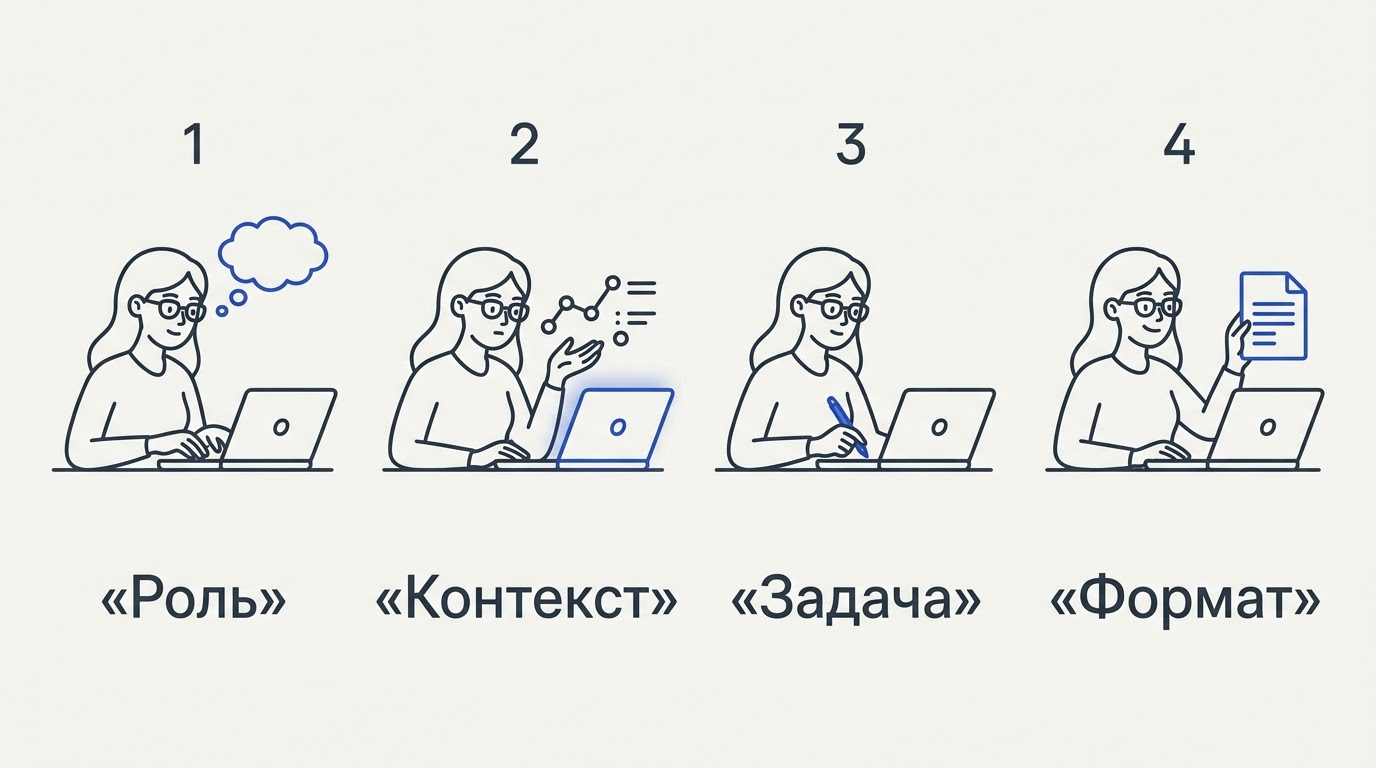Горизонтальная четырёхшаговая диаграмма с женщиной за ноутбуком: блоки роль, контекст, задача, формат обозначены цветом