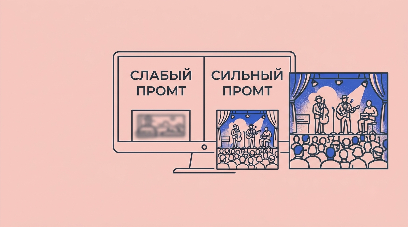 Экран монитора разделён надвое: слева размытое изображение по слабому промту, справа атмосферный джаз-клуб 1920-х по детальному