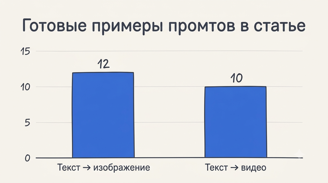 Экран ноутбука с столбчатой диаграммой: 12 примеров промтов для изображений против 10 для видеогенерации