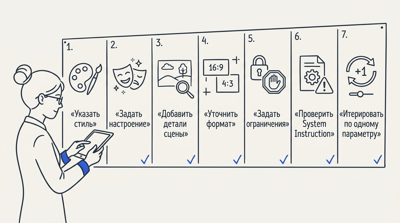 Женщина отмечает стилистические параметры на планшете рядом с большим настенным чеклистом с иконками