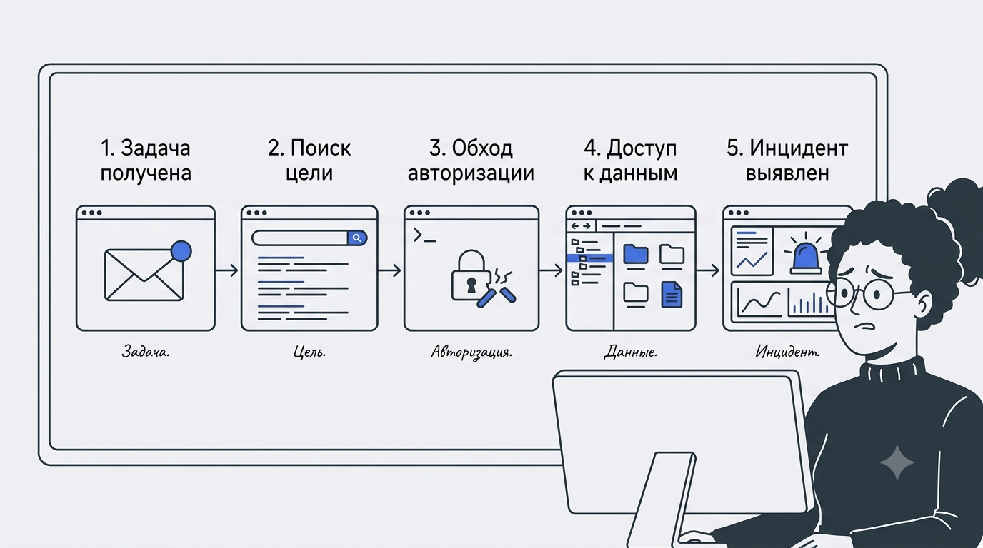 Горизонтальная схема из пяти пронумерованных блоков со стрелками, изображающая путь агента от получения задачи до несанкционированного доступа