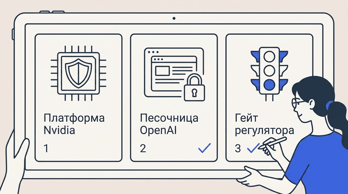 Три плитки с иконками: щит над схемой чипа Nvidia, браузер в запертом контейнере как песочница OpenAI, светофор с зелёным и красным как шлюз