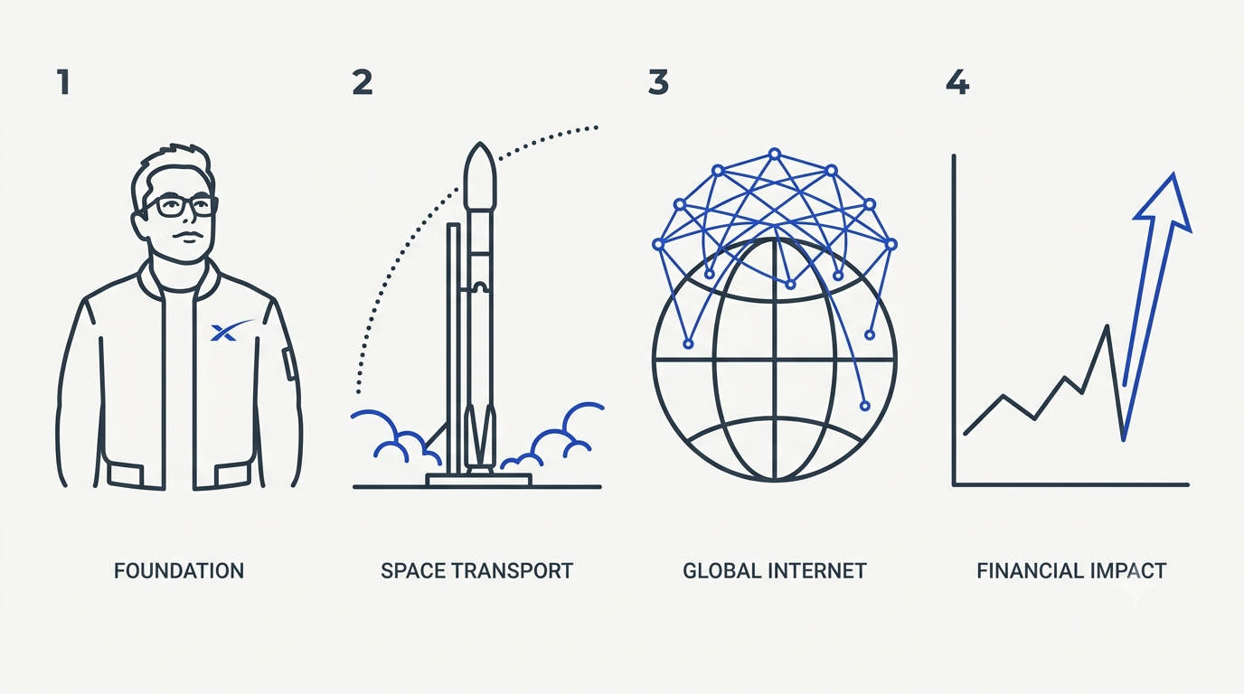 Мужчина у интерактивного экрана с траекторией ракеты, картой спутников Starlink и растущим биржевым графиком