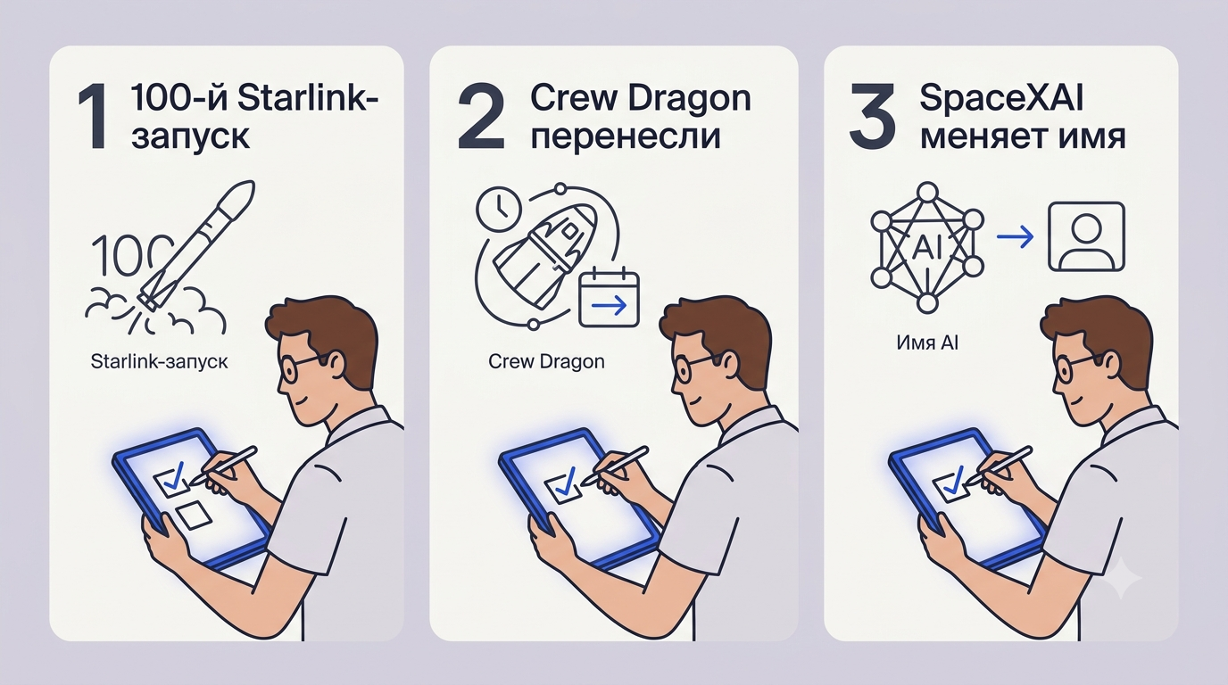 Мужчина с планшетом, на экране — чеклист из карточек с новостями SpaceX