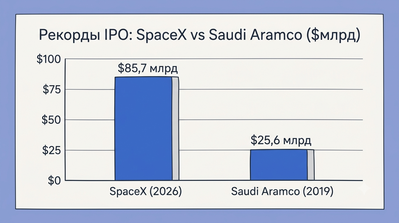 Столбчатая диаграмма: бар SpaceX заметно выше бара Saudi Aramco, мужчина указывает на разницу